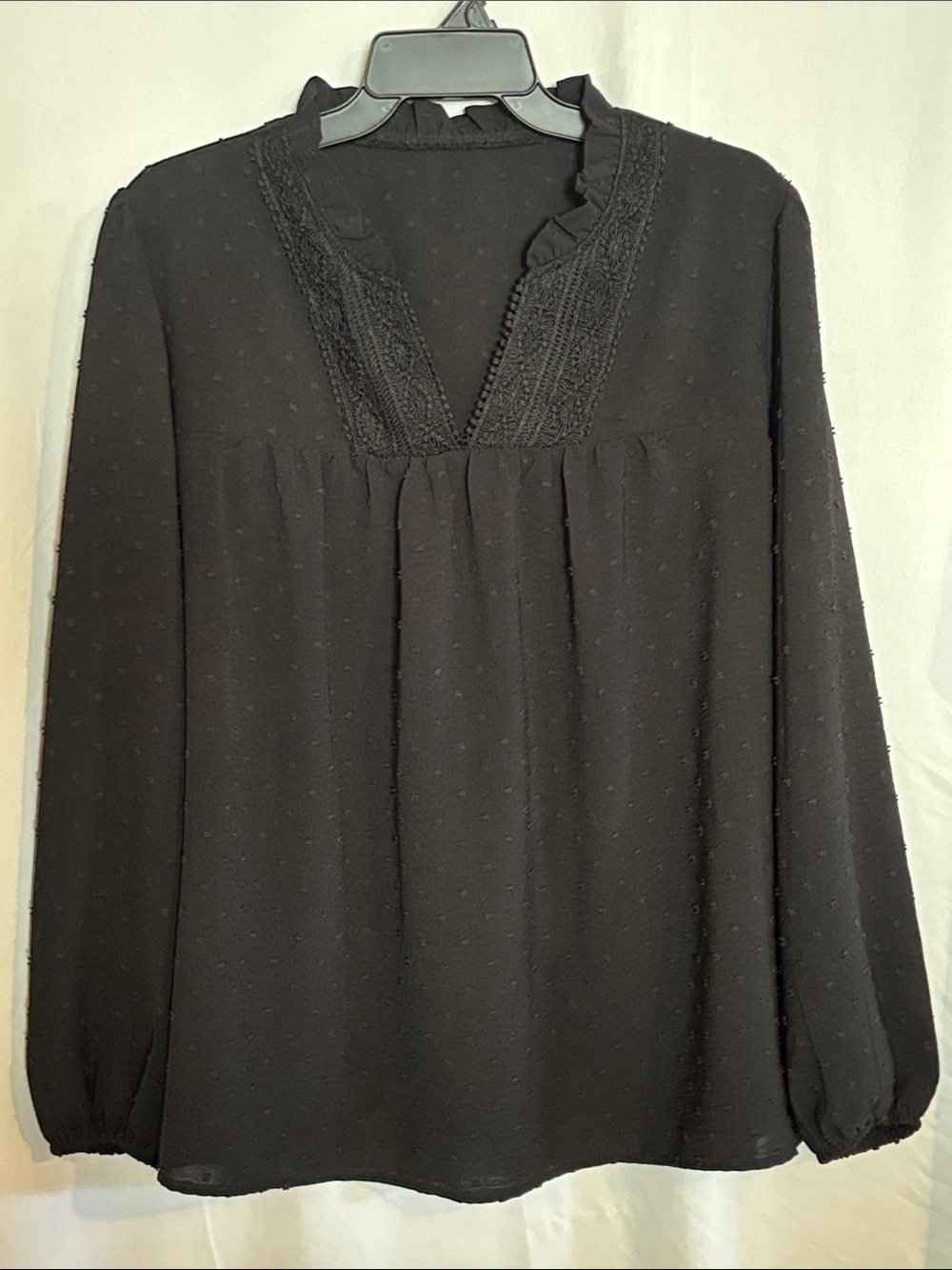 Black V-Neck Swiss Dot Lace-Trim Blouse XL
